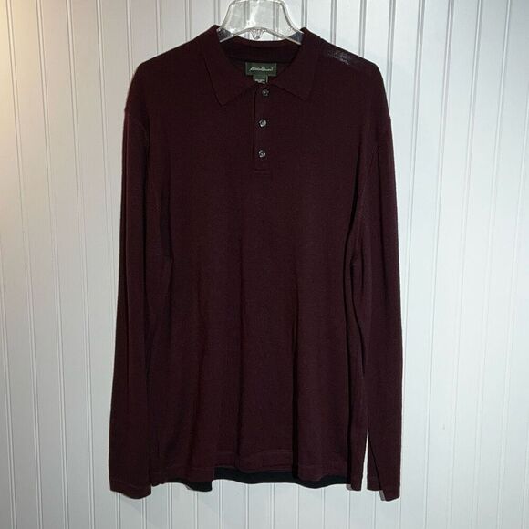 Eddie Bauer Merino Wool Sweater Men’s XLarge Tall Wine 1/4 Button Up Collared LS - Picture 1 of 10